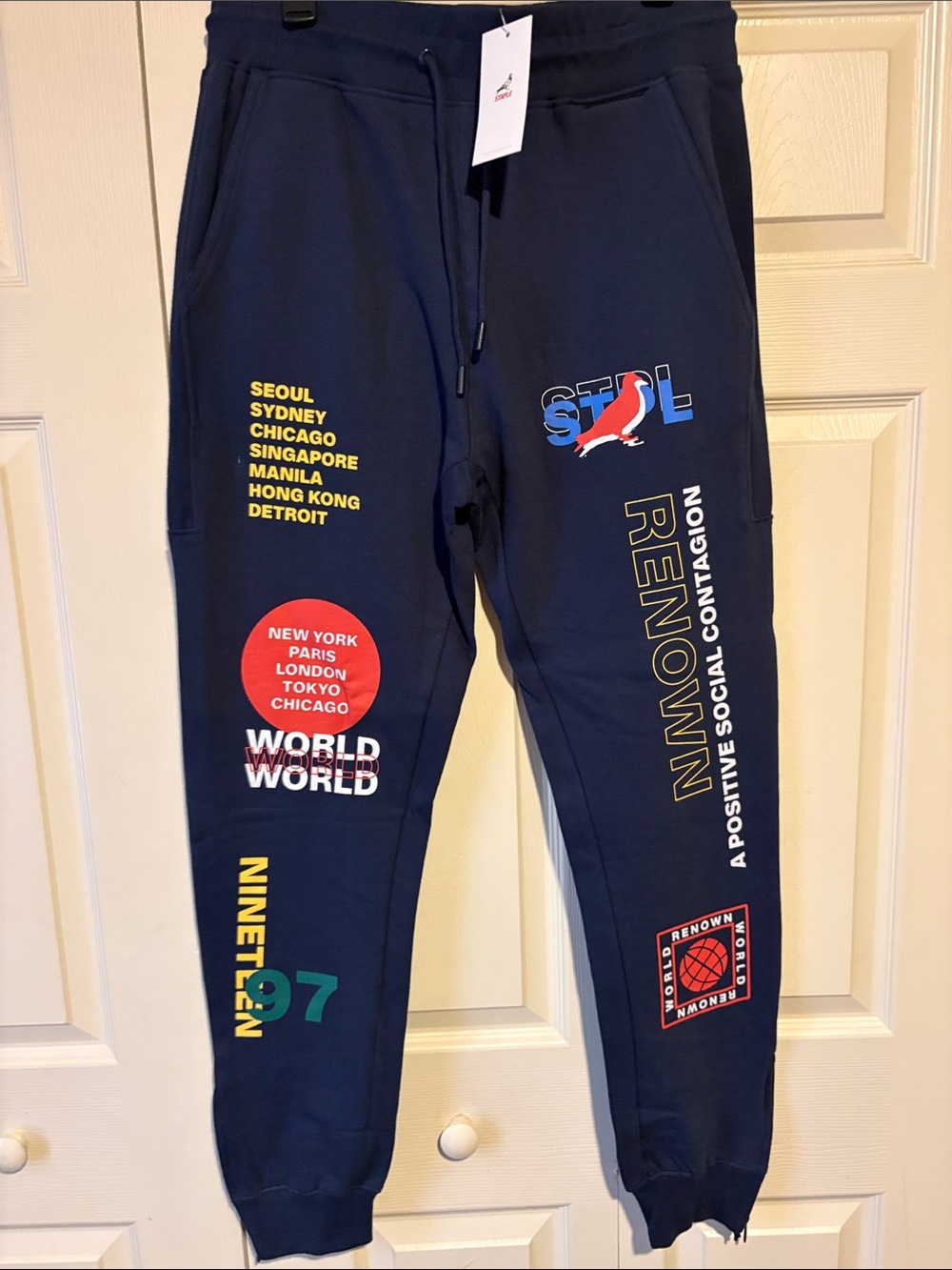 Staple Navy Graphic Joggers with Multicolor City Prints